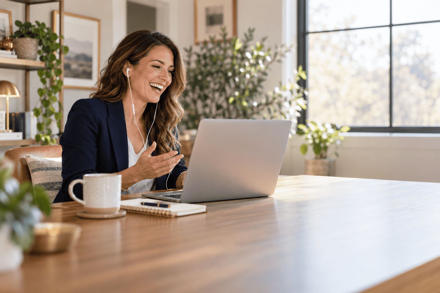 A real estate agent recording a podcast conversation from her home office